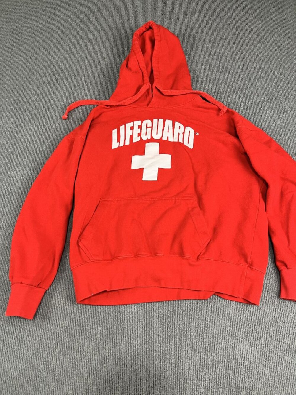 Lifeguard Unisex Red Pullover Hoodie White Cross Logo Front Pocket L
